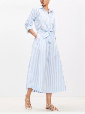 LOFT Striped Tie-Waist Shirt Dress in Light Blue & White
